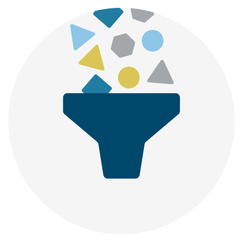 An animated icon of a funnel with a multitude of shapes falling through it